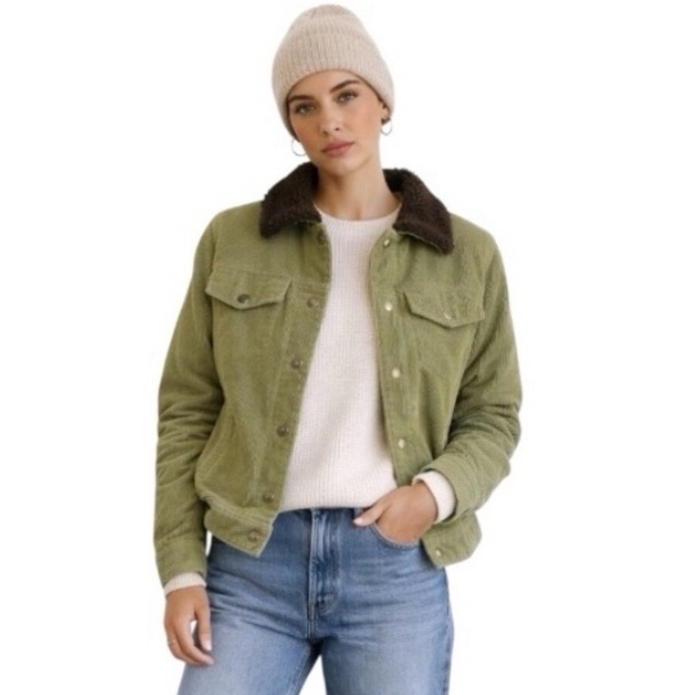 Vintage Green Corduroy Sherpa-Lined Trucker Jacket Fall Workwear Unisex Small